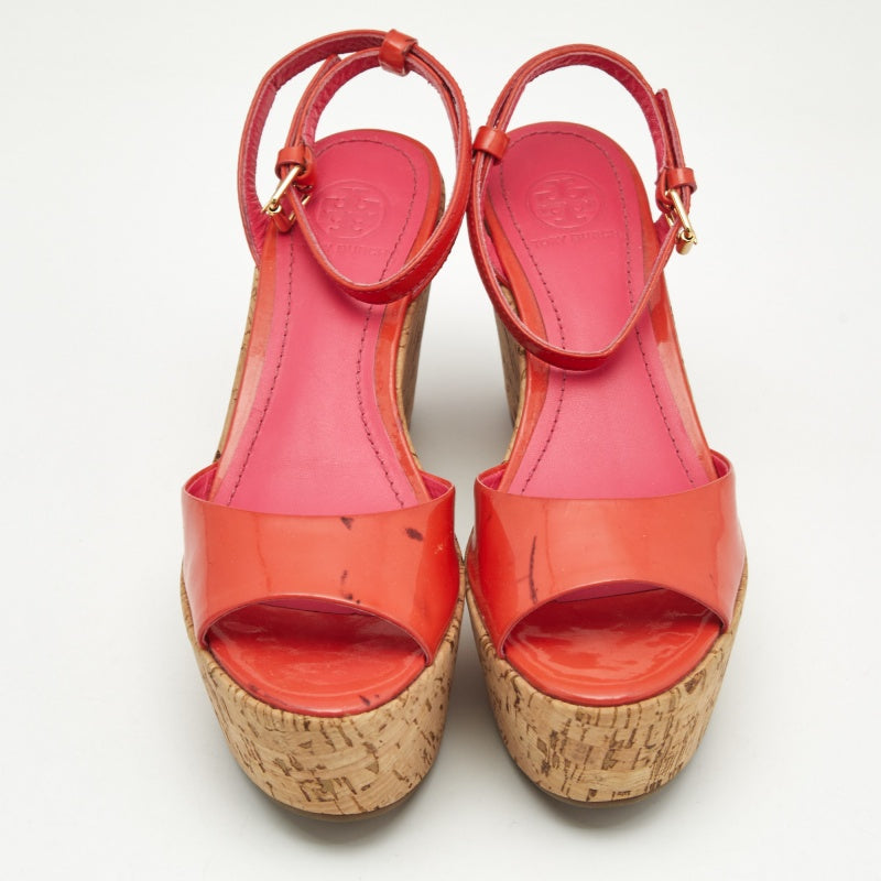 Tory Burch Pink Patent Leather Dahlia Cork Wedge Sandals Size 36