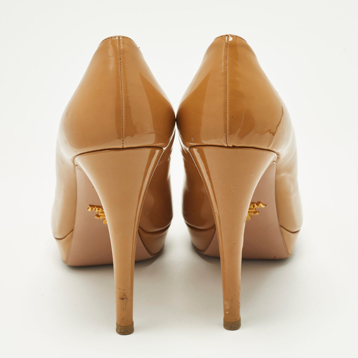 Prada Size 38 Beige Patent Leather Platform Pumps