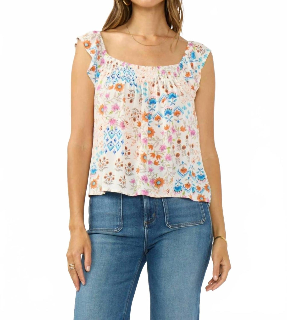 Flutter Sleeve Smocked Square Neck Top In Ivory/orange