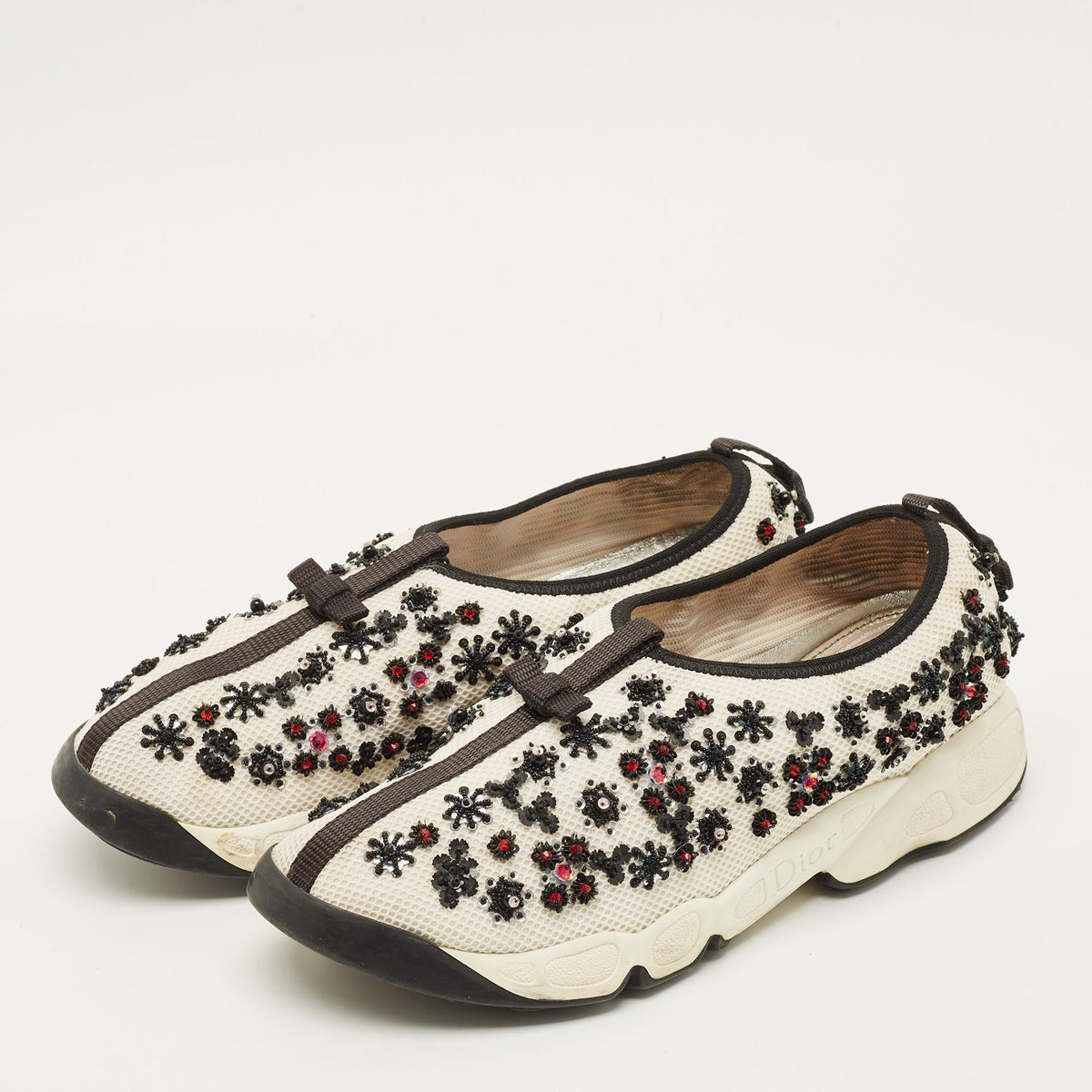 Dior Fusion Size 40 White/Black Mesh Embellished Slip On Sneakers