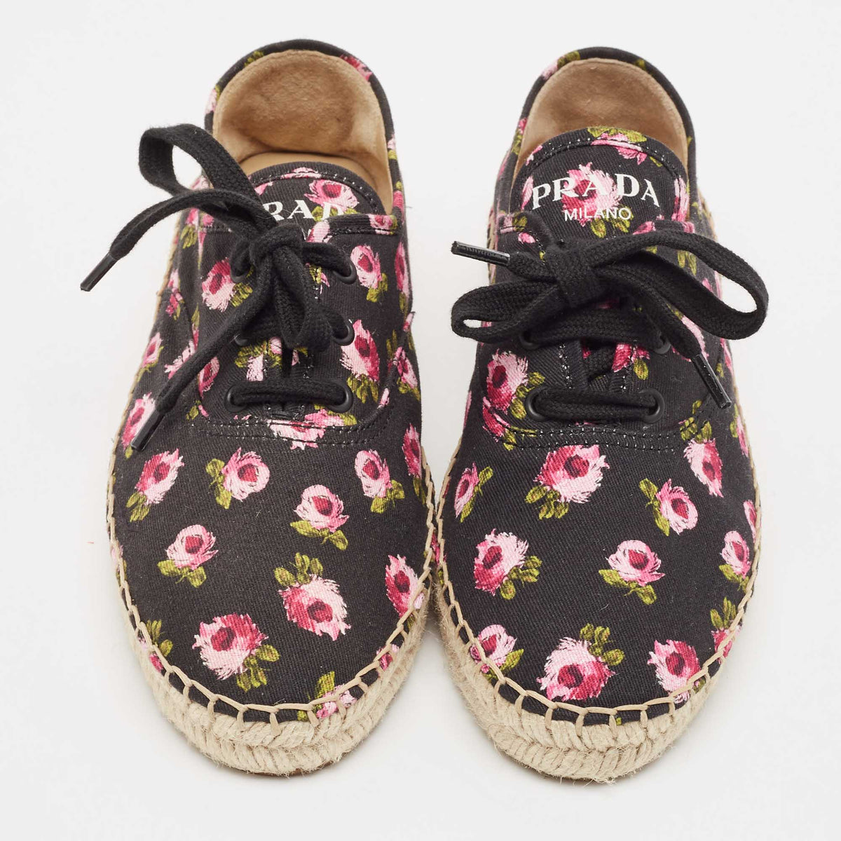 Prada Multicolor Canvas Lace Up Floral Print Espadrilles Size 37
