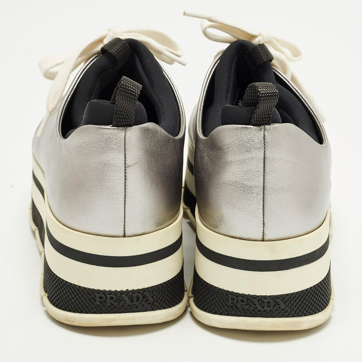 Prada Size 38.5 Silver Leather Platform Lace Up Sneakers