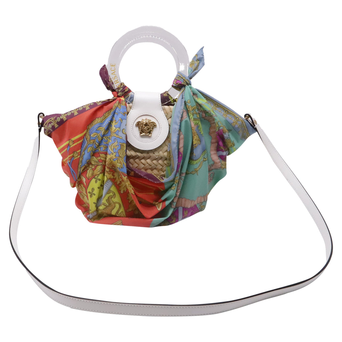Versace Woven Scarf La Medusa Handle Bag in Multicolor Raffia