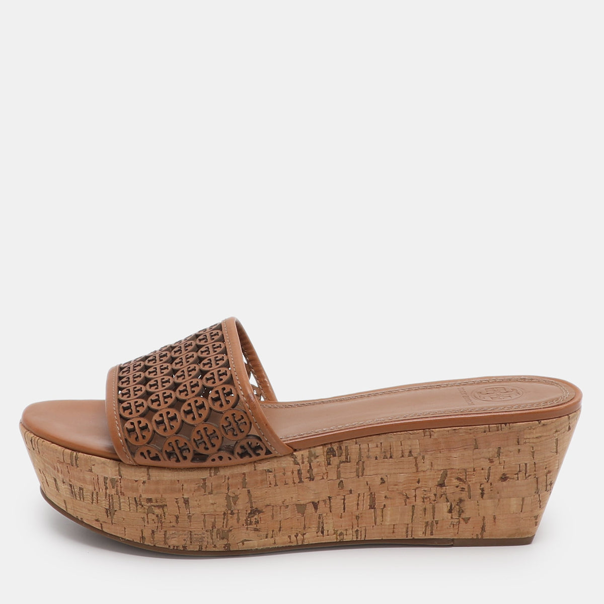 Tory Burch Elaine Size 40 Brown Laser Cut Leather Platform Slide Sandals
