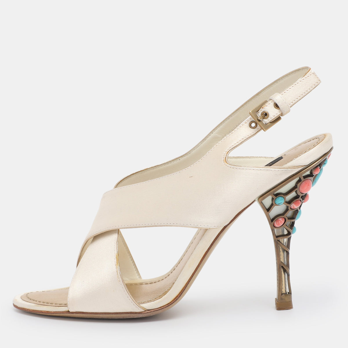 Louis Vuitton Cream Satin Cross Strap Embellished Heel Slingback Sandals Size 38.5
