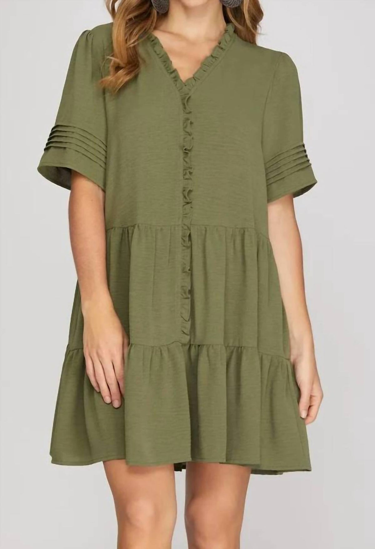 V-Neck Tiered Dress In Olive