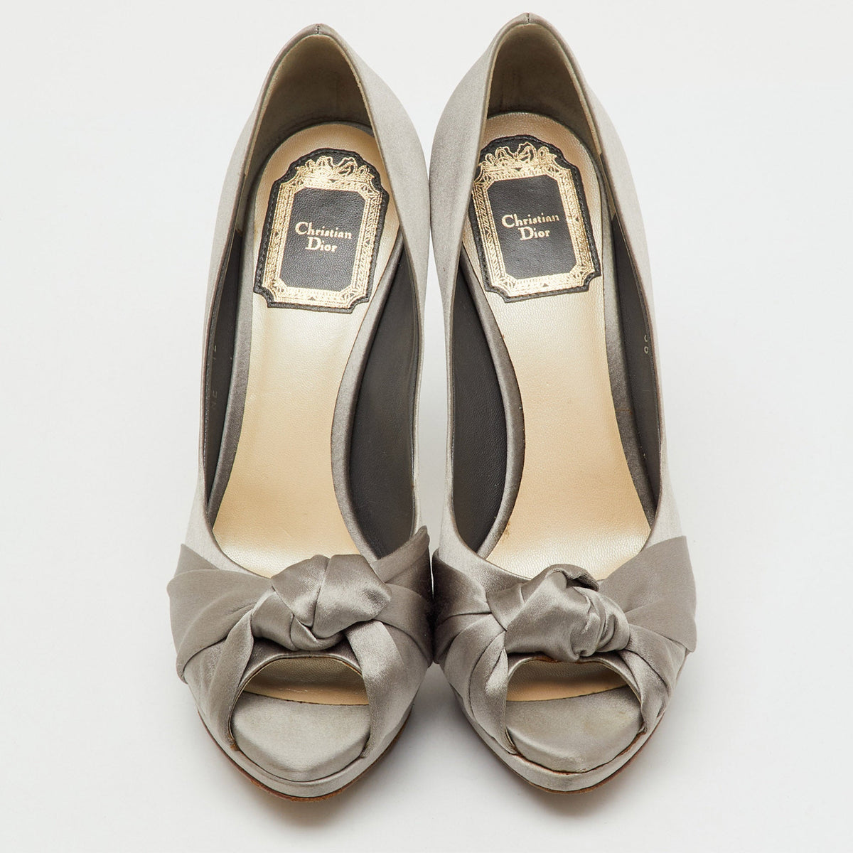Dior Light Grey Satin Knotted Peep Toe Platform Pumps Size 36