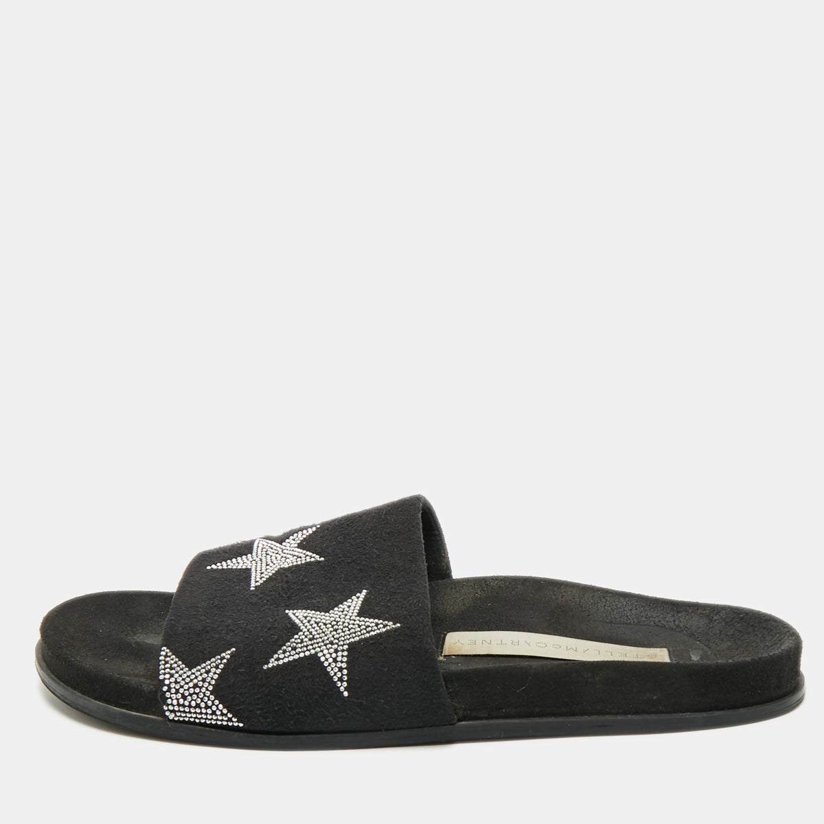 Stella McCartney Black Faux Suede Star Embellished Flat Slides Size 37