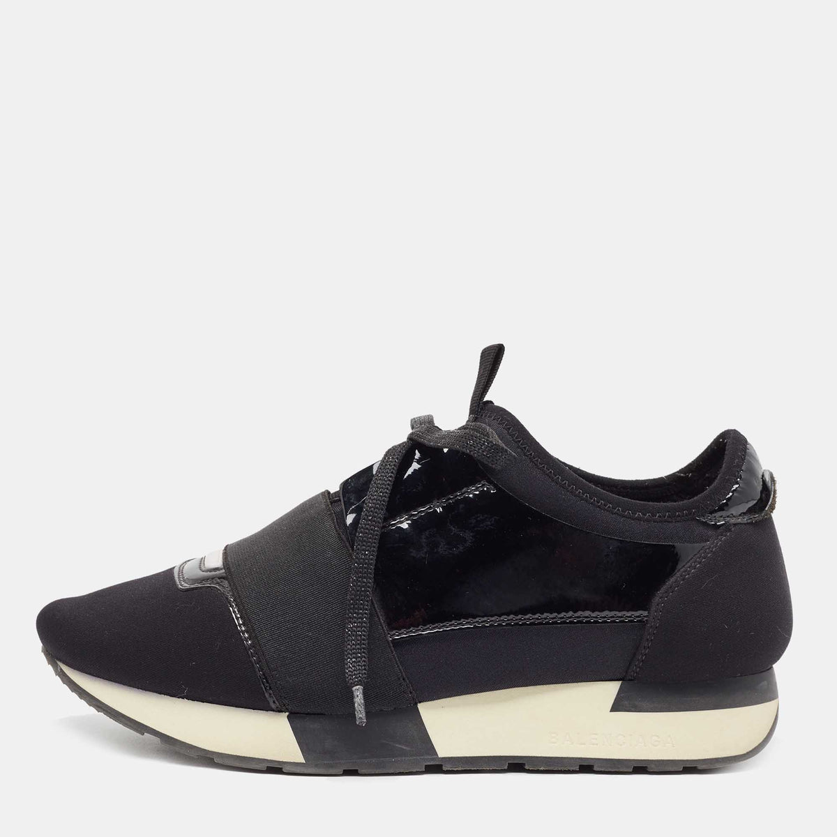 Balenciaga Race Runner Size 37 Black Neoprene and Patent Leather Low Top Sneakers
