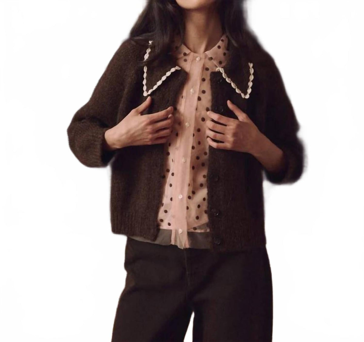 The Crochet Collar Cardigan In Chocolate Brown