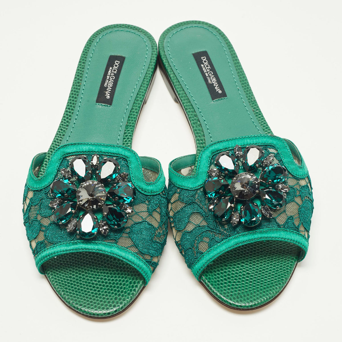 Dolce & Gabbana Bianca Size 36 Green Lace and Satin Flat Slide