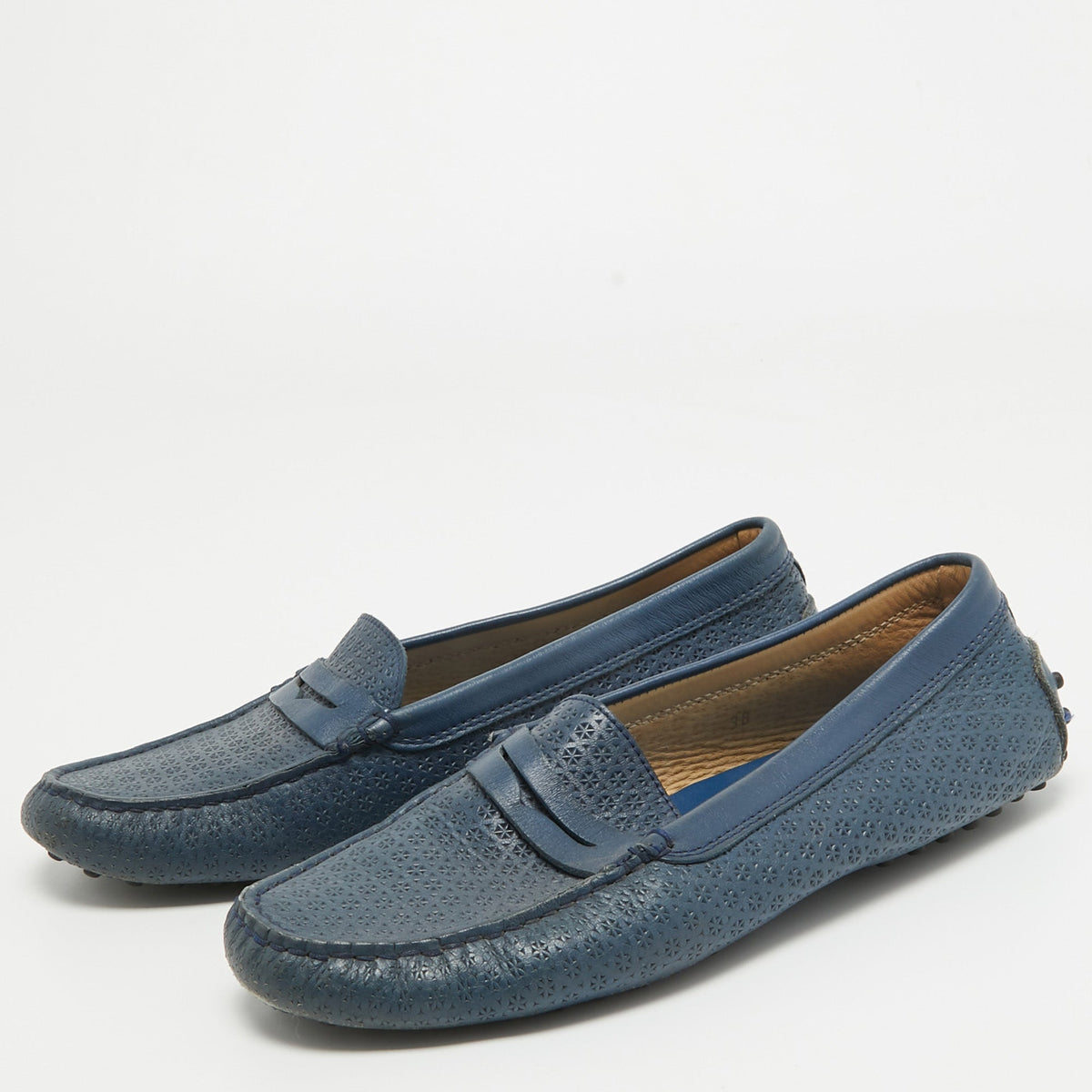 Tod's Navy Blue Leather Laser Cut Penny Loafers Size 38