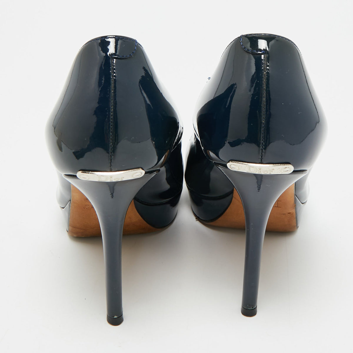 Dior Miss Dior Size 38.5 Navy Blue Patent Leather Peep Toe Pumps