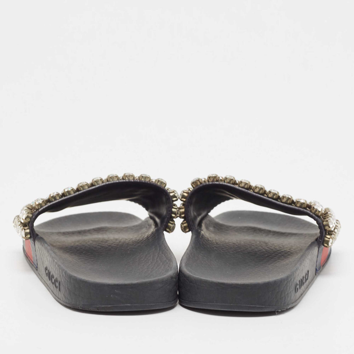 Gucci Navy Blue/Red Web Leather Crystal Embellished Slides Size 35