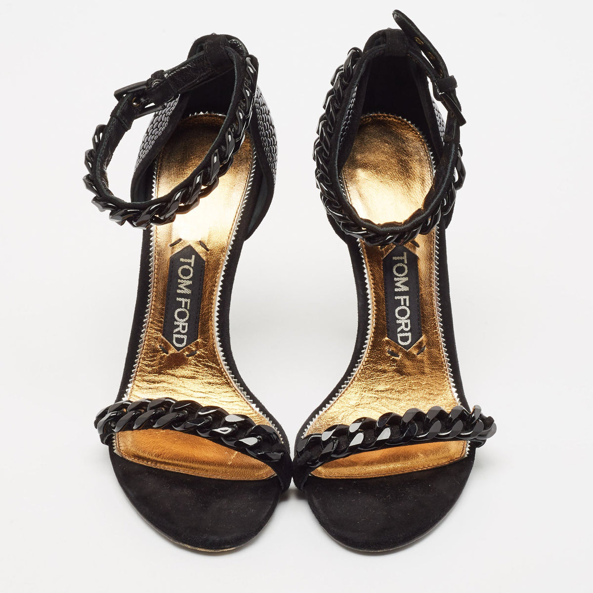 Tom Ford Black Suede Studded Chain Link Ankle Strap Sandals Size 37