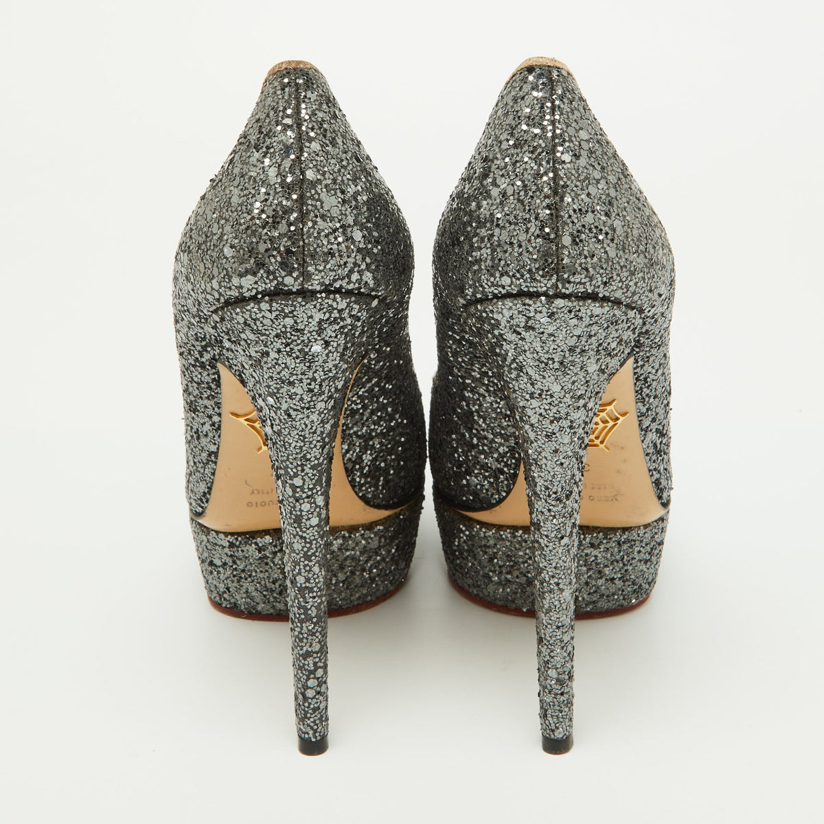 Charlotte Olympia Metallic Grey Coarse Glitter Dolly Pumps Size 37
