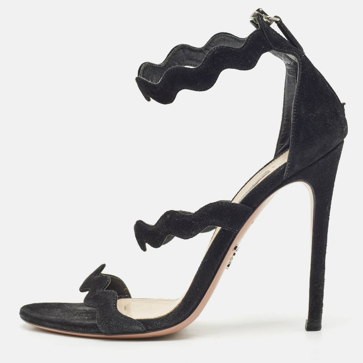 Prada Black Suede Wavy Ankle Strap Sandals Size 37.5
