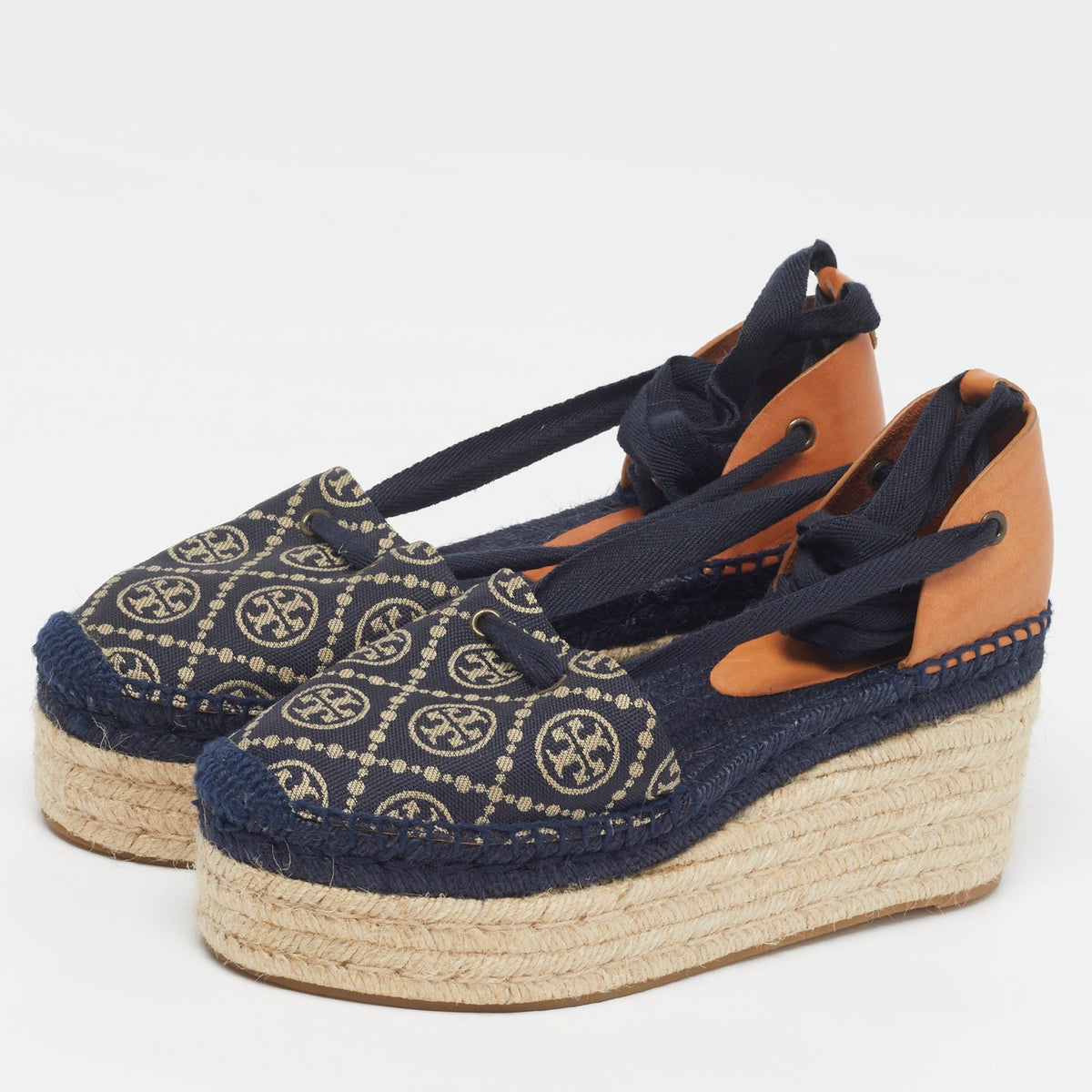Tory Burch Size 38.5 Blue Denim Wedge Espadrille Sandals