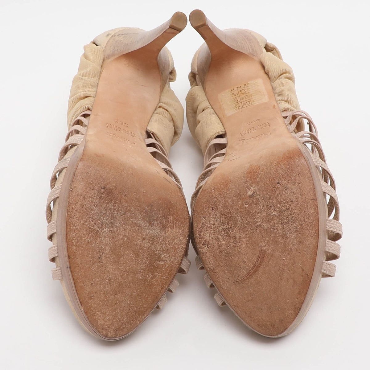 Fendi Strappy Size 35.5 Beige Elastane  Mesh and Suede Sandals