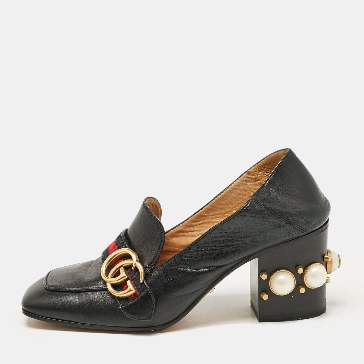 Gucci Black Leather GG Pearl Studded Loafer Pumps Size 37.5