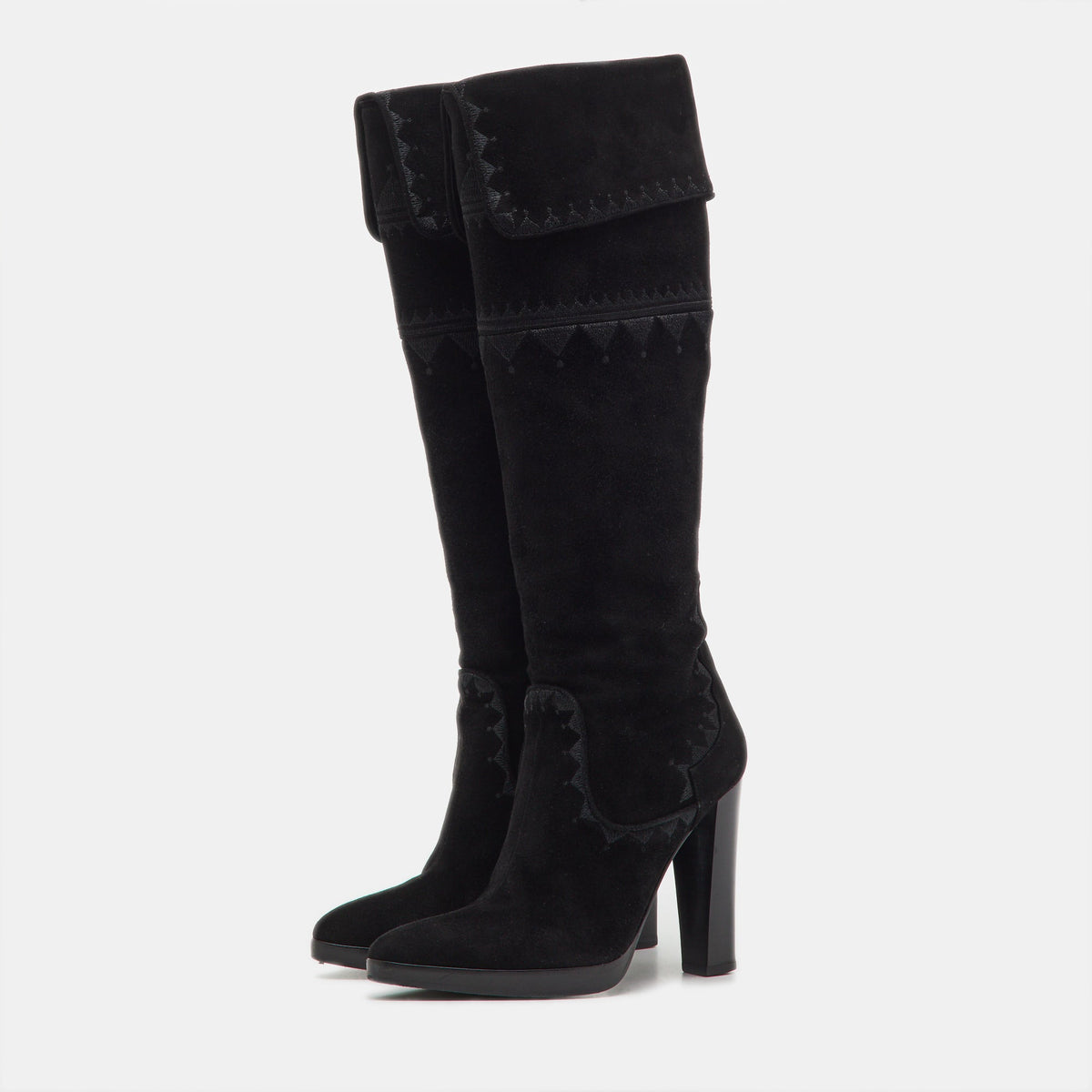 Hermes Black Suede Crusader Embroidered Knee Length Boots Size 36.5