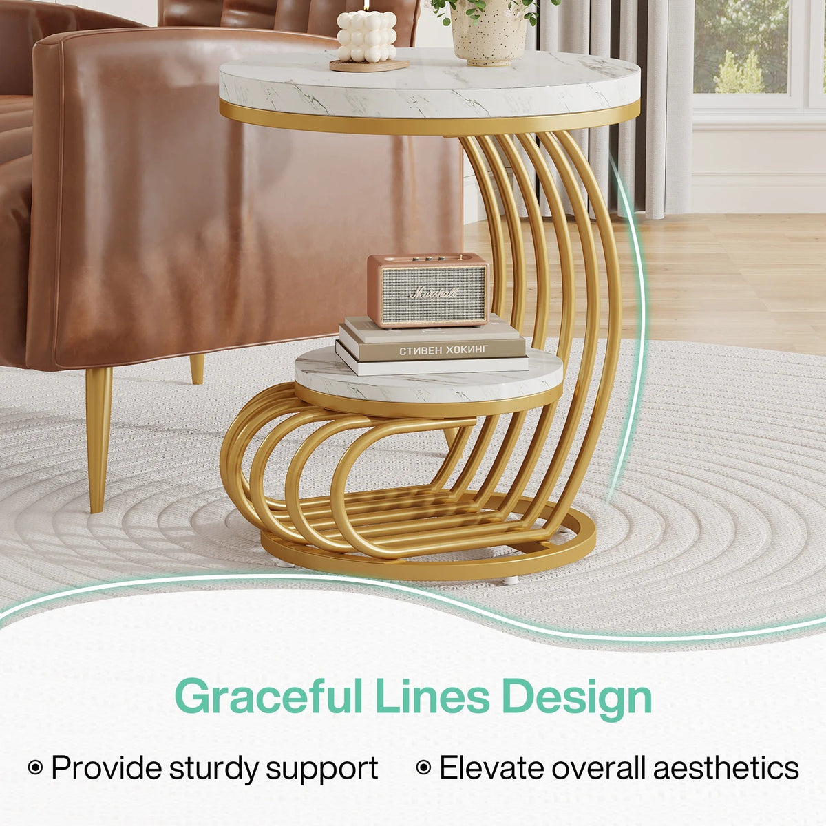 Gold Round End Table: Two-Tier Faux Marble Side Table with Storage Shelf, Modern White and Gold Bedside Nightstand