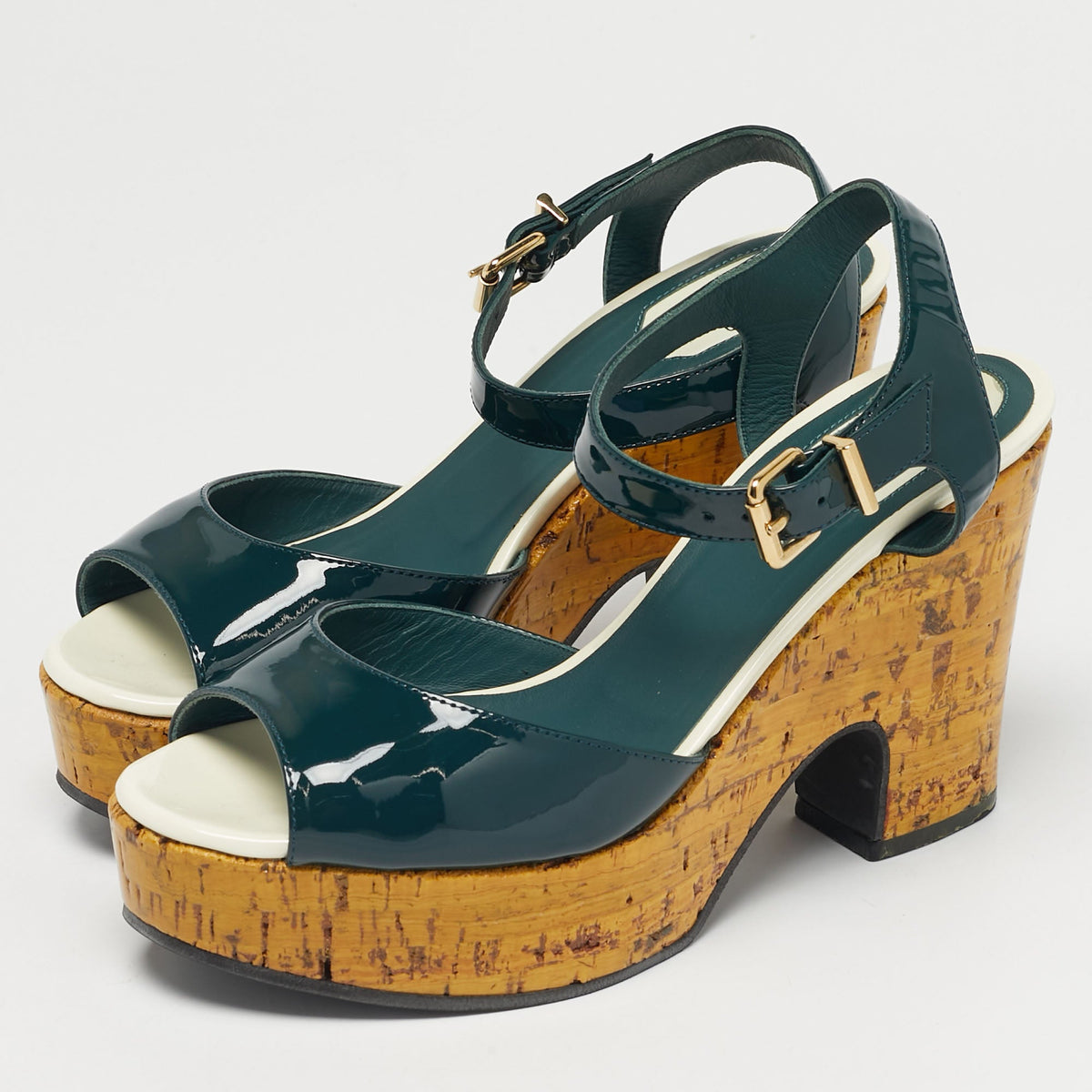 Fendi Size 37.5 Green Patent Leather Cork Platform Sandals