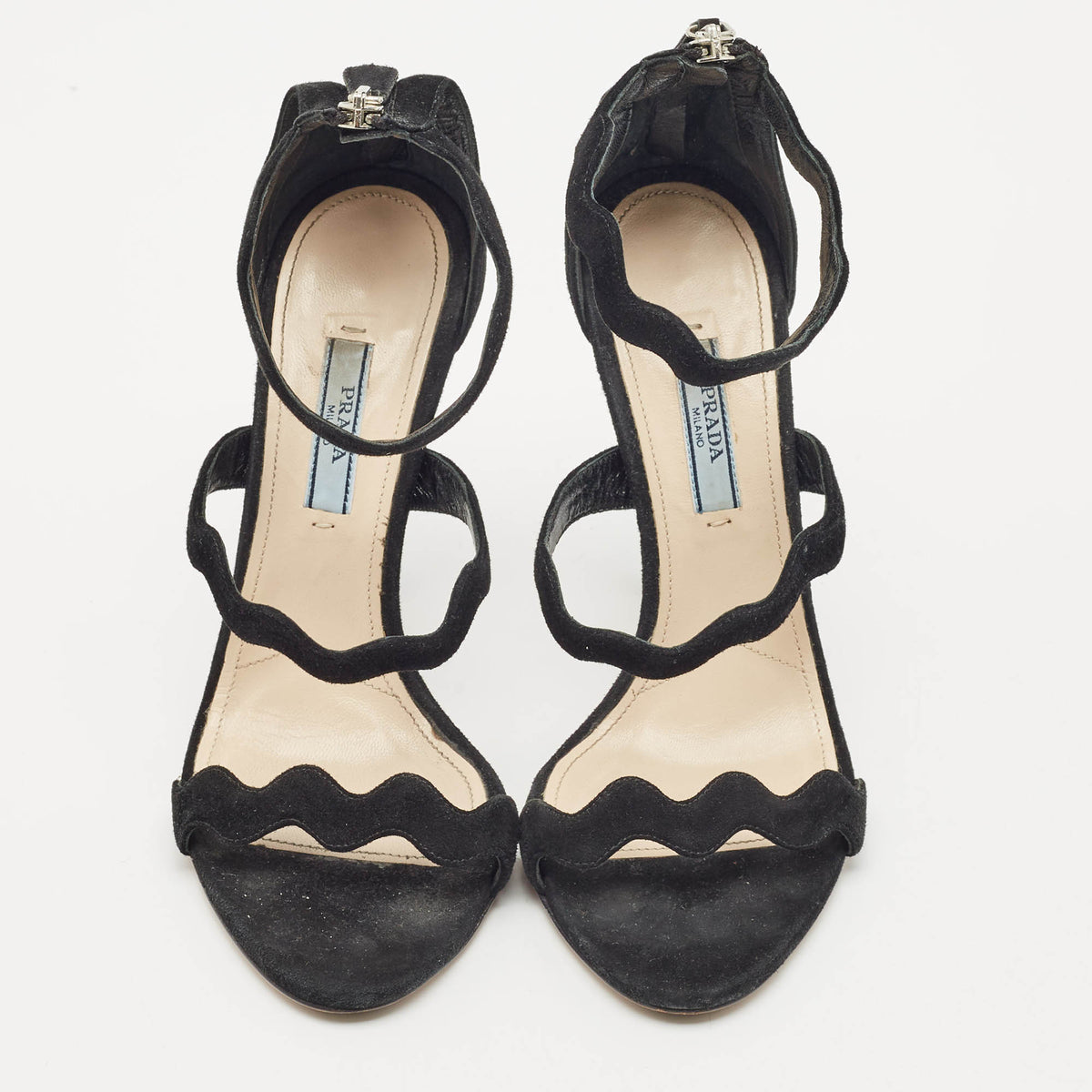 Prada Black Suede Wavy Ankle Strap Sandals Size 37.5