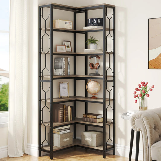 7-Tier Industrial Corner Bookshelf - Freestanding Wood and Metal Etagere Display Shelf