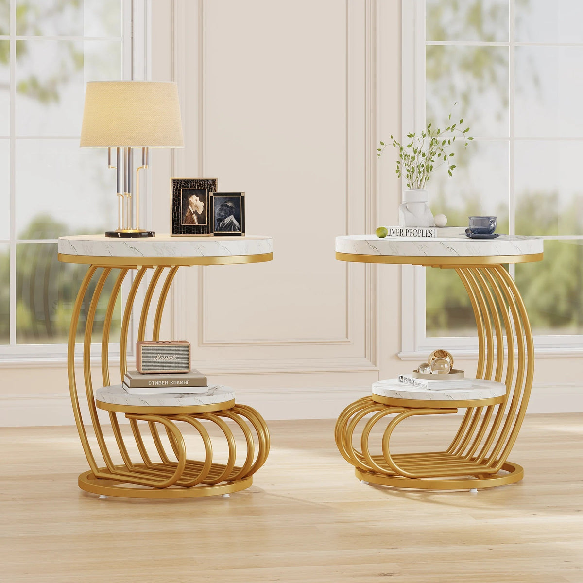 Gold Round End Table: Two-Tier Faux Marble Side Table with Storage Shelf, Modern White and Gold Bedside Nightstand