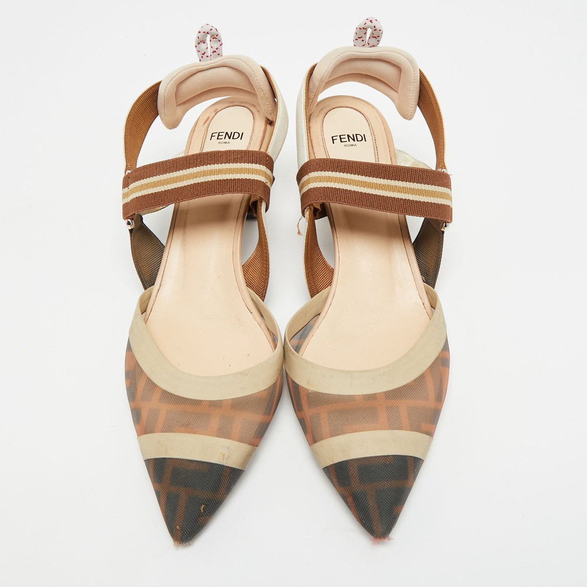 Fendi Colibri Size 39.5 Brown Canvas and Mesh Slingback Pumps