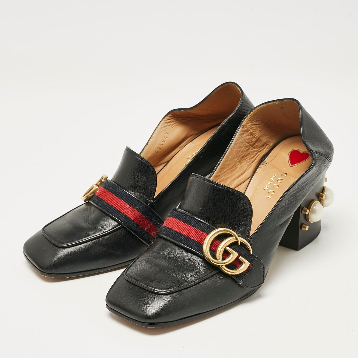 Gucci Black Leather GG Pearl Studded Loafer Pumps Size 37.5