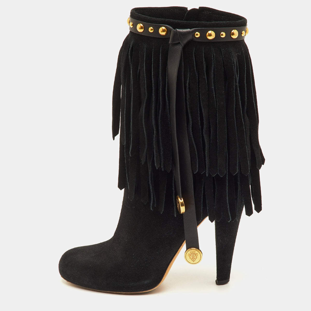 Gucci Size 37 Black Suede Studded Fringe Mid Calf Boots