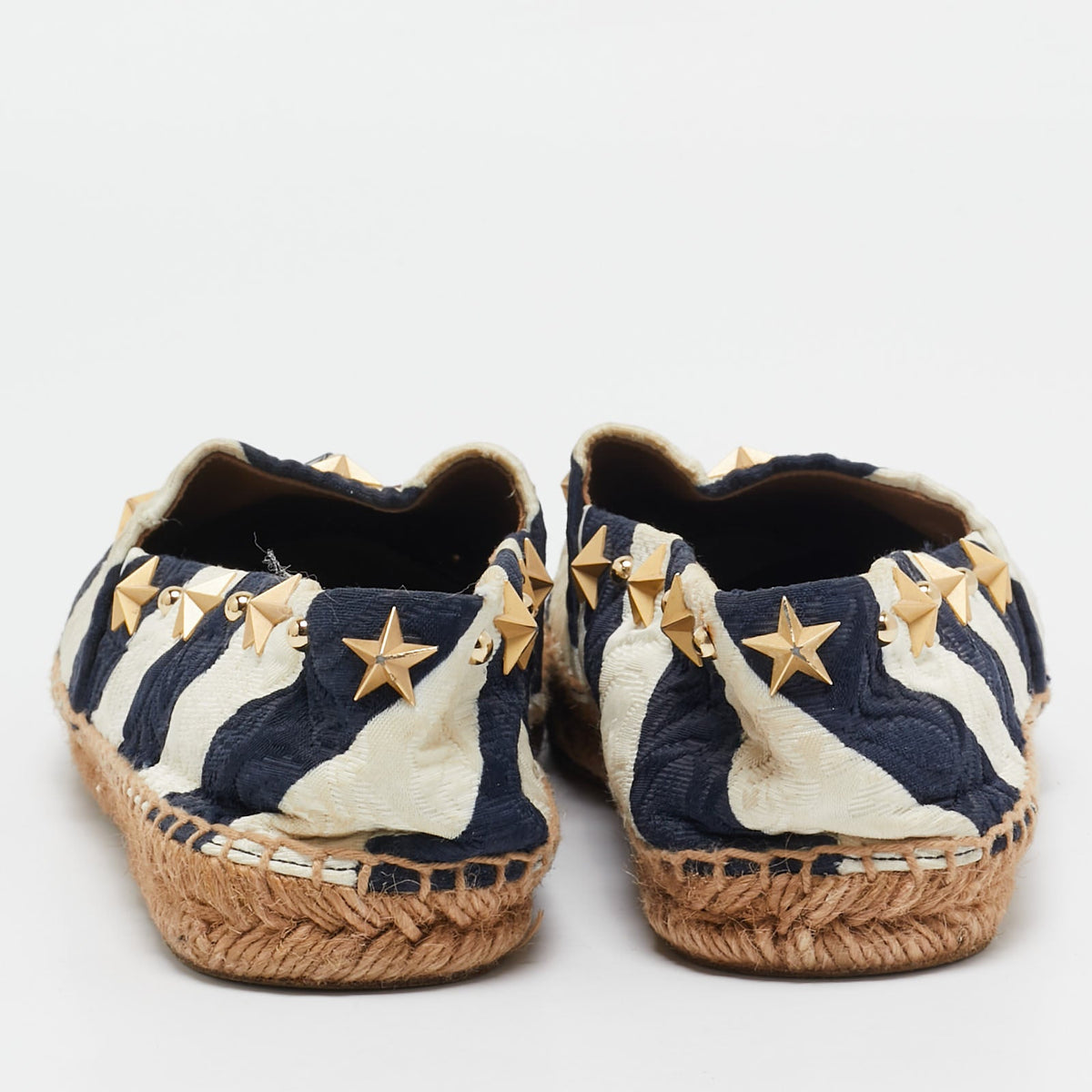 Dolce & Gabbana Navy Blue/White Stripe Fabric Star Studded Anchor Espadrille Flats Size 39