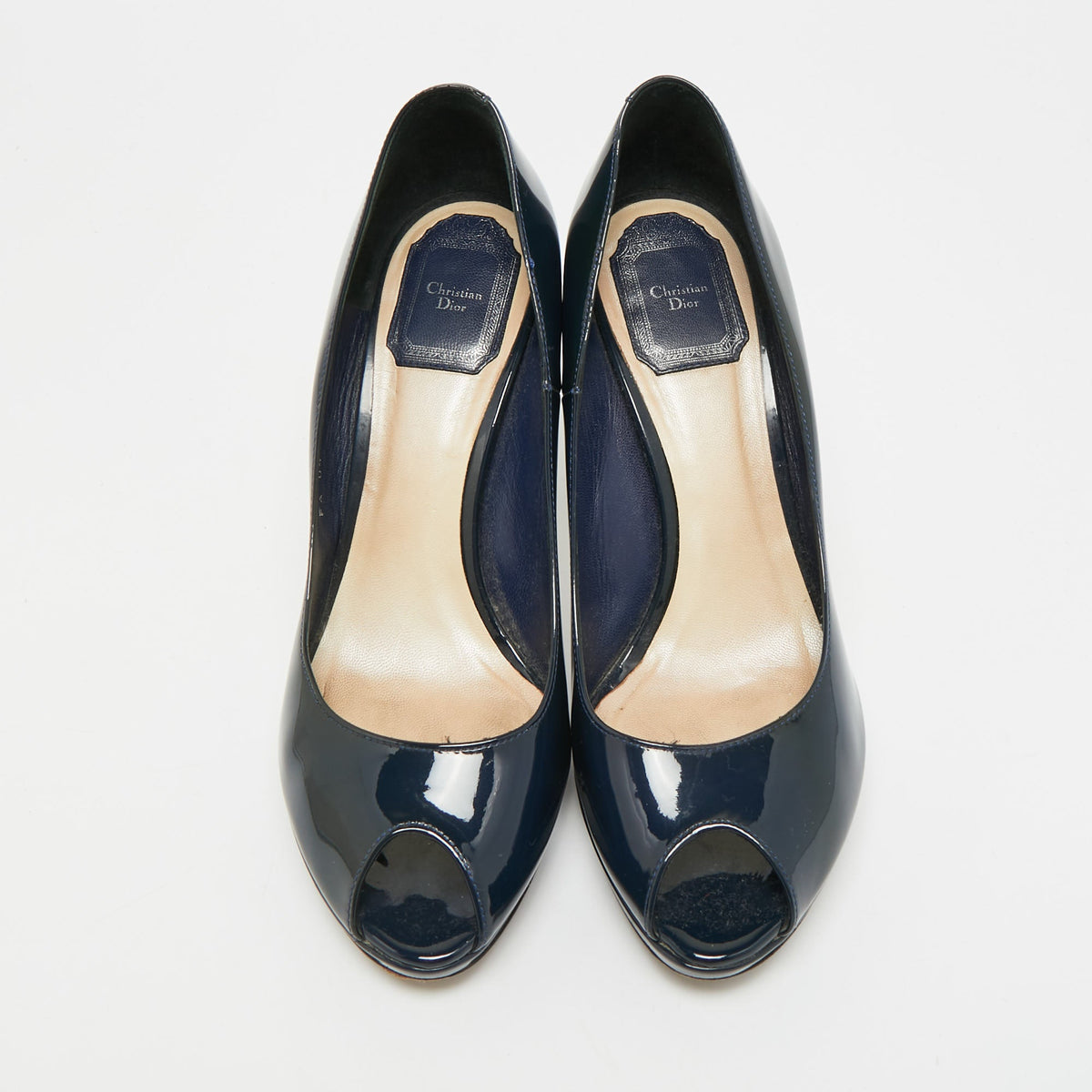 Dior Miss Dior Size 38.5 Navy Blue Patent Leather Peep Toe Pumps