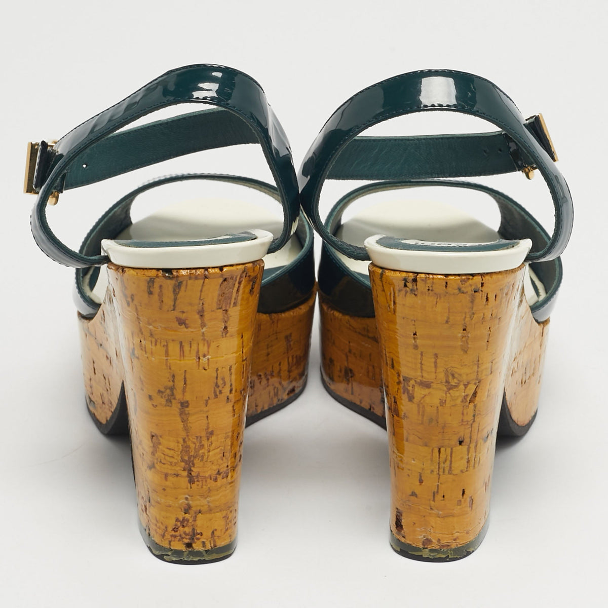 Fendi Size 37.5 Green Patent Leather Cork Platform Sandals