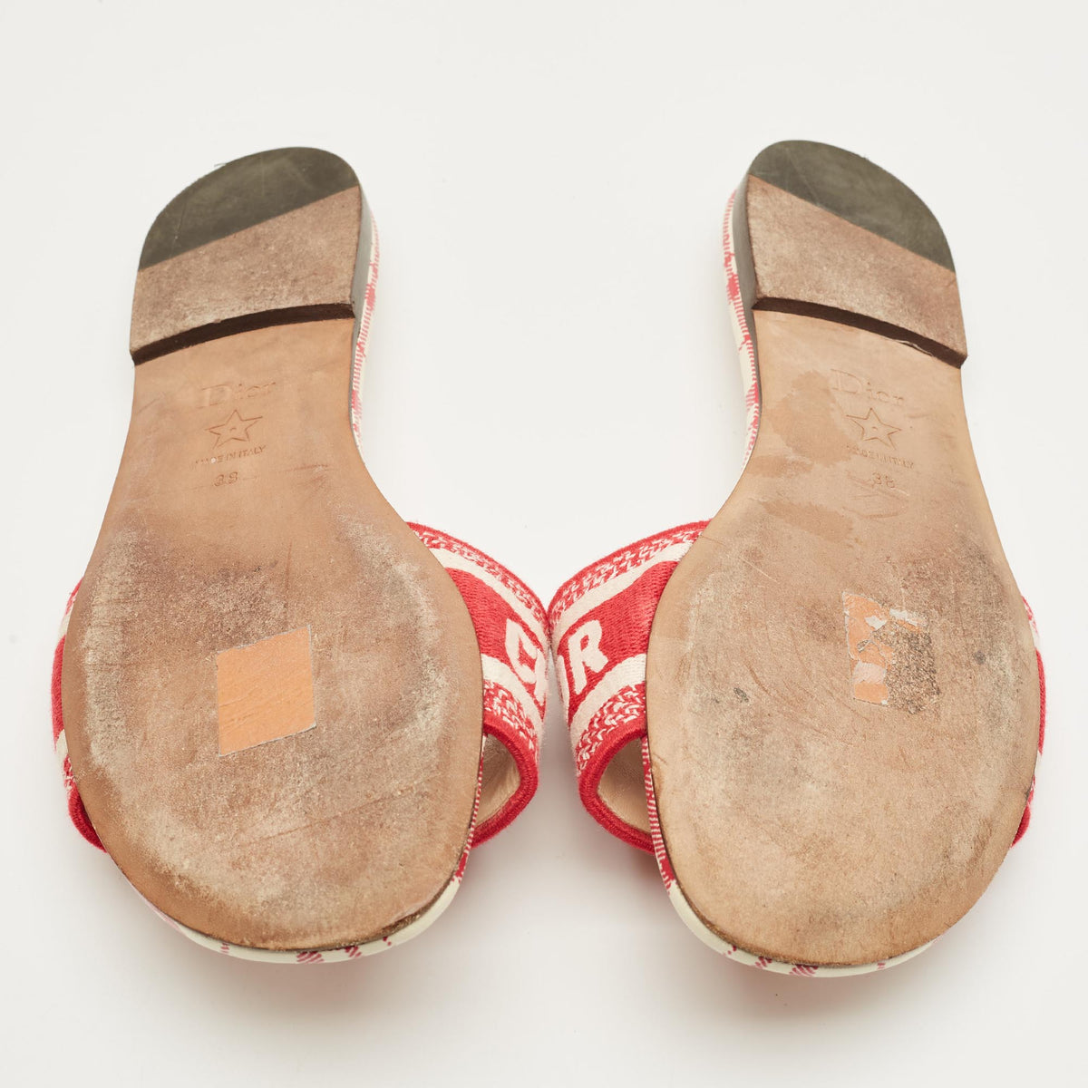 Dior Red/White Embroidered Canvas Dway Flat Slides Size 38