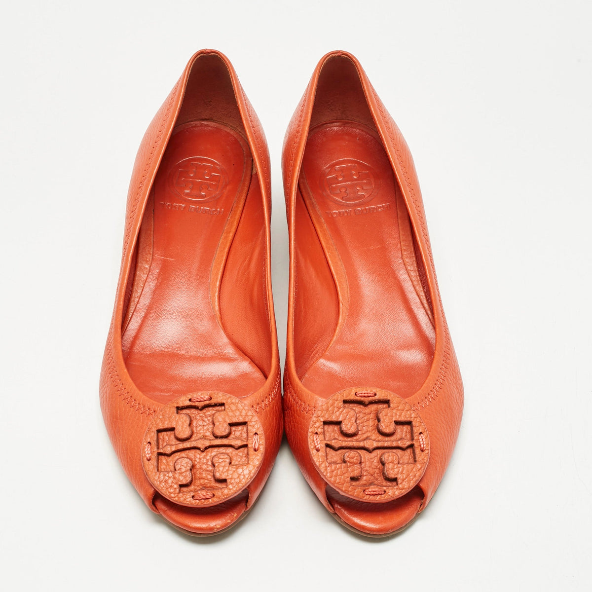 Tory Burch Orange Leather Janey Wedge Pumps Size 38.5