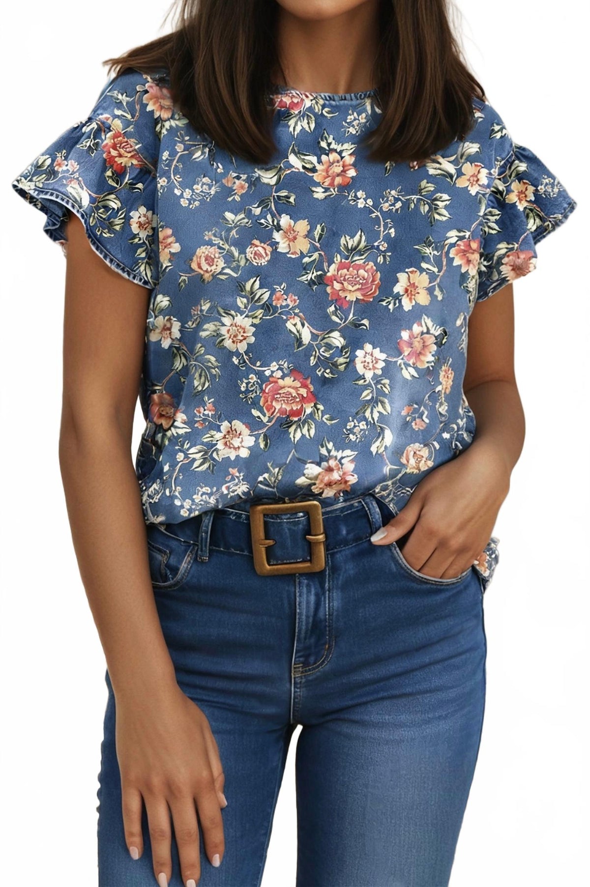 Ruffled Short Sleeve Floral Top In Ashleigh Blue