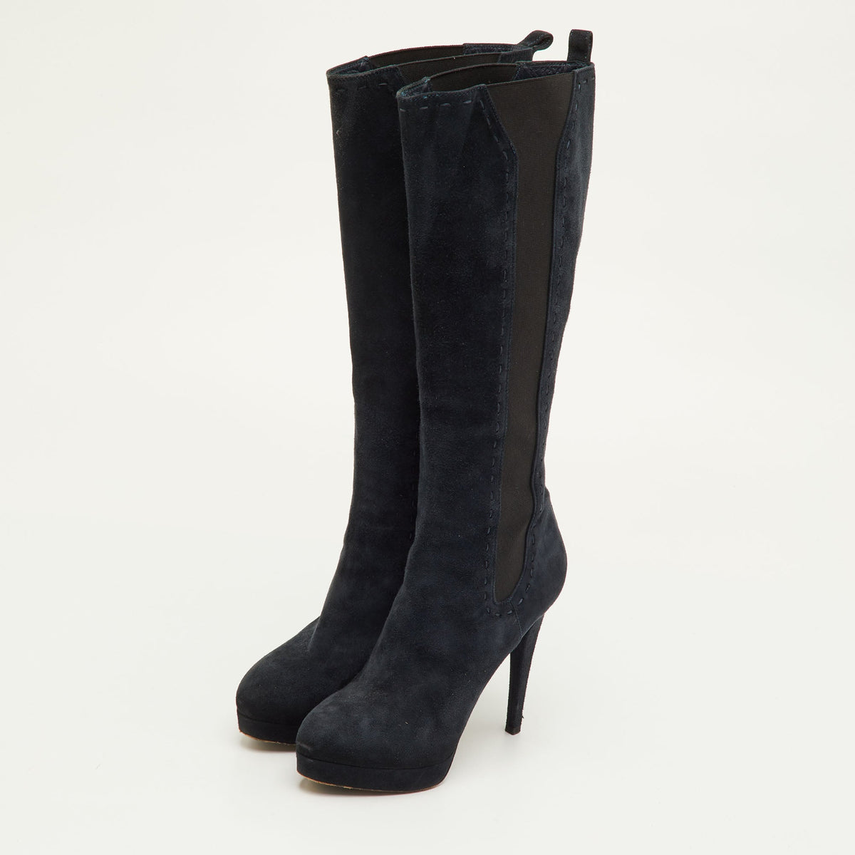 Yves Saint Laurent Size 36.5 Navy Blue Suede Platform Calf Length Boots