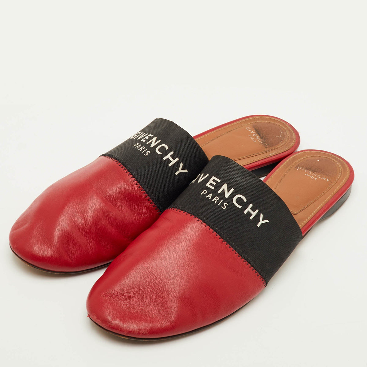 Givenchy Bedford Size 39 Red/Black Leather and Elastic Logo Flat Mules