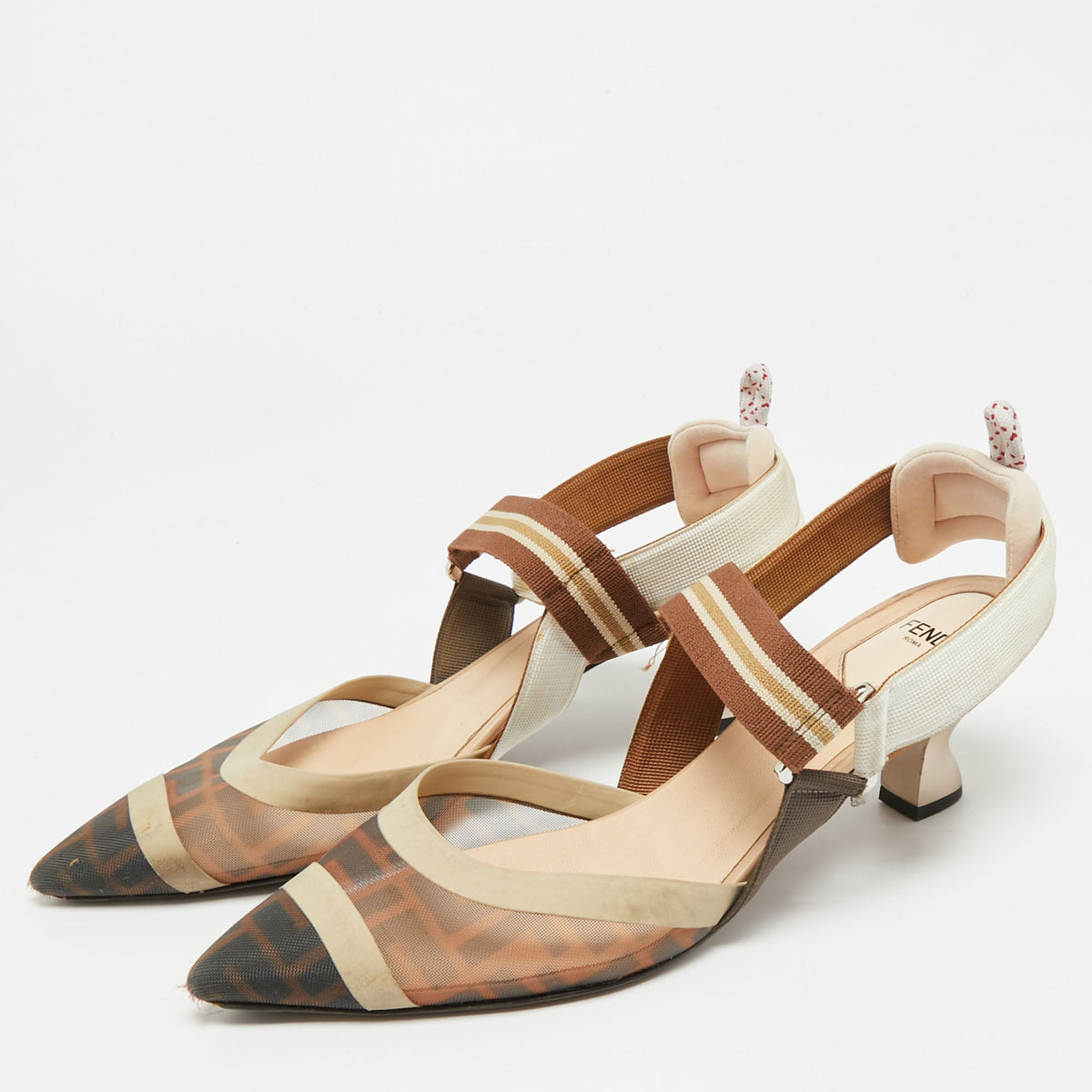 Fendi Colibri Size 39.5 Brown Canvas and Mesh Slingback Pumps