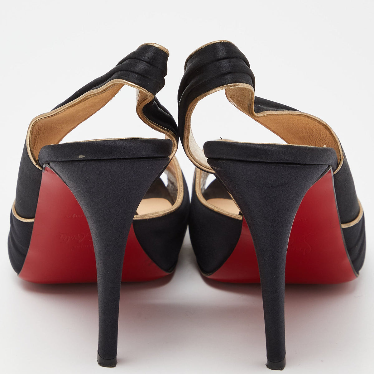Christian Louboutin Black/Gold Satin and Leather Trim Platform Peep Toe Slingback Sandals Size 42