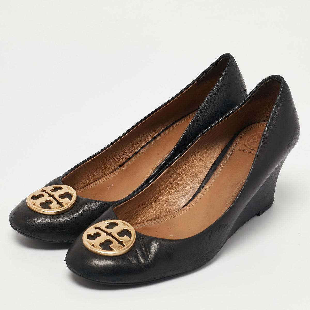 Tory Burch Black Leather Sally Wedge Pumps Size 39