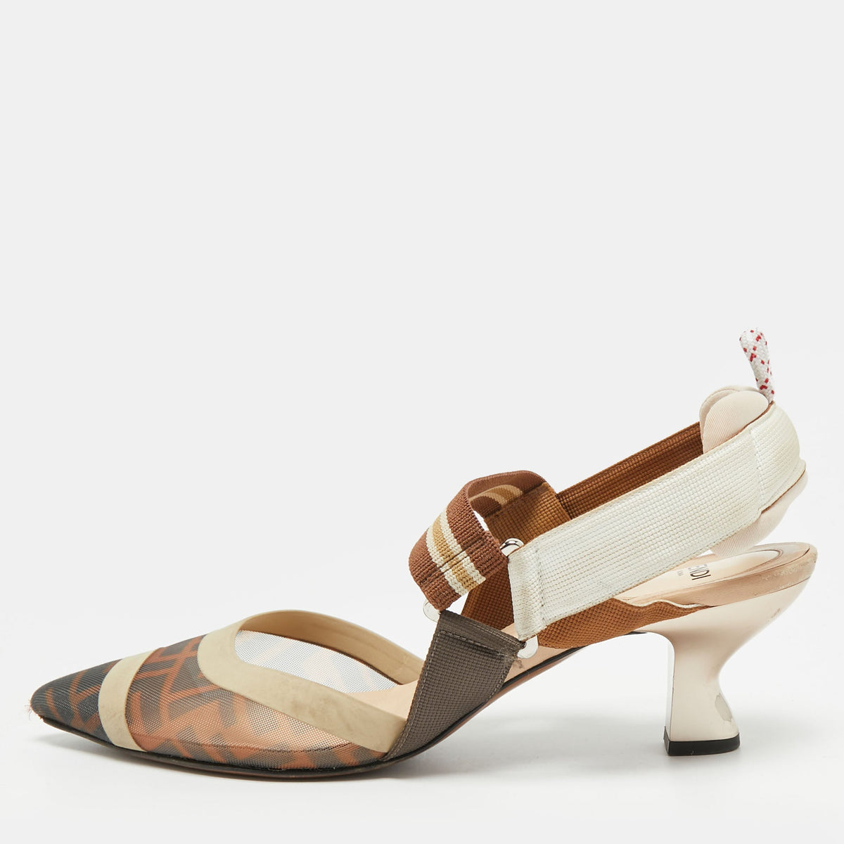 Fendi Colibri Size 39.5 Brown Canvas and Mesh Slingback Pumps