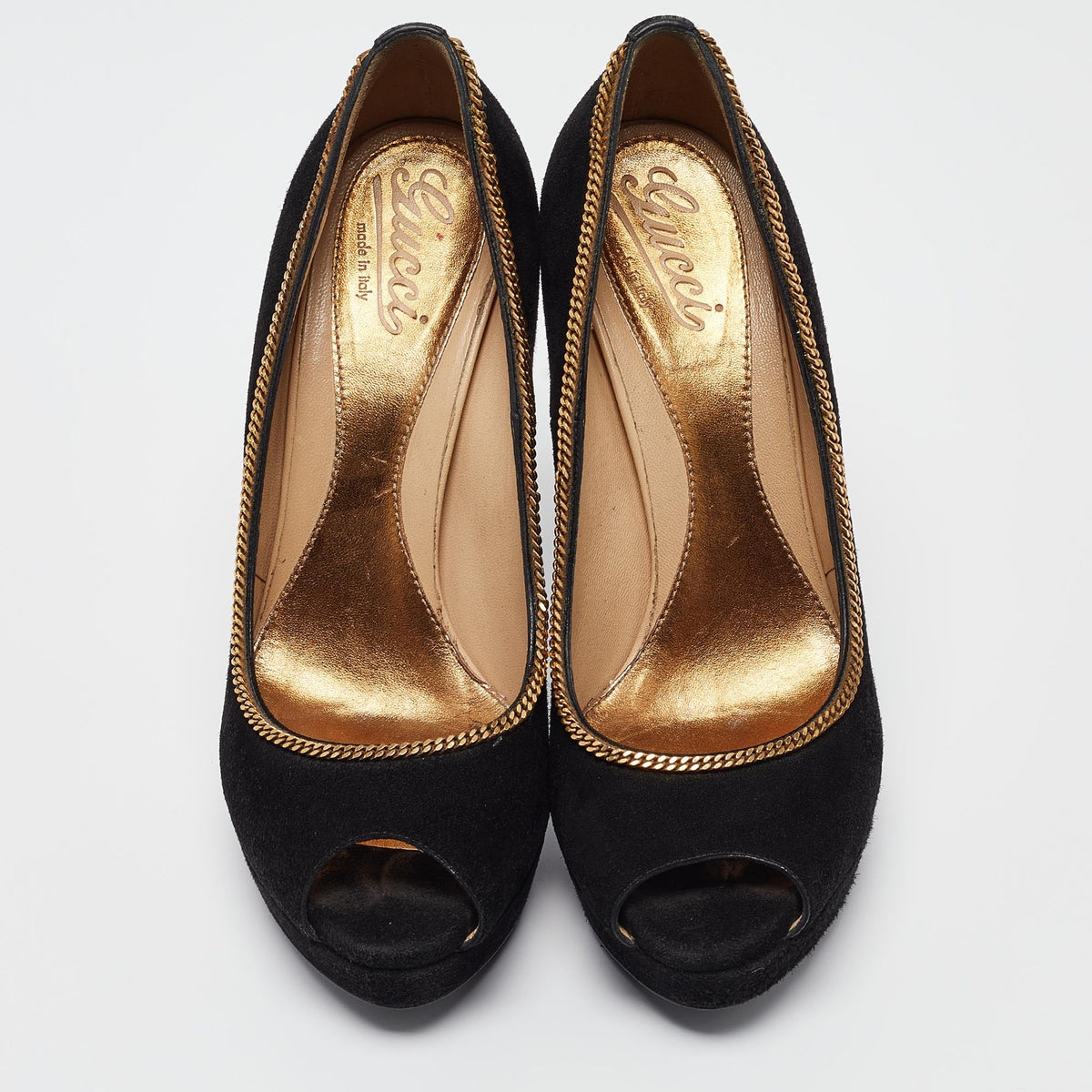 Gucci Black Suede Chain Trim Peep Toe Platform Pumps Size 40