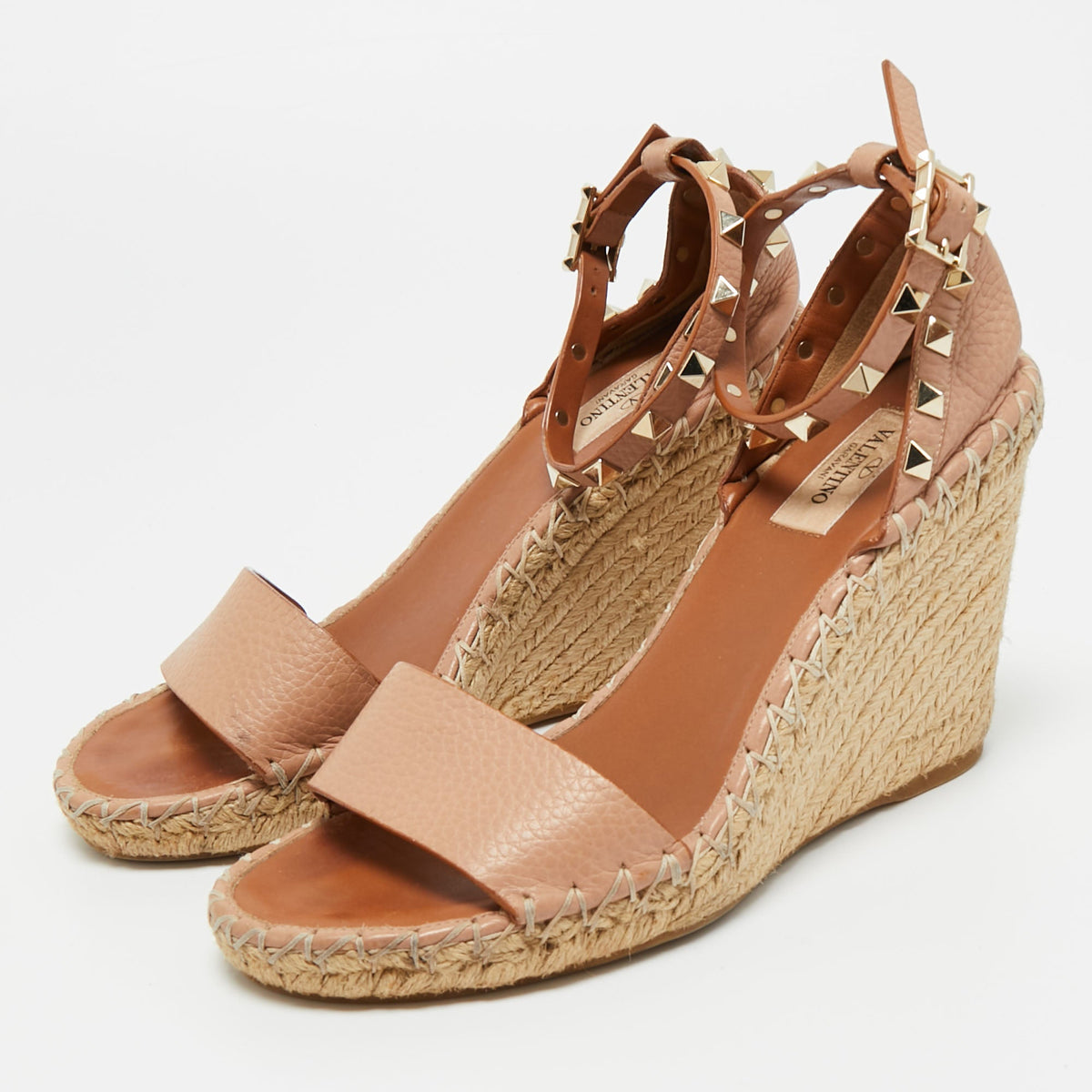 Valentino Beige Leather Rockstud Wedge Sandals Size 38
