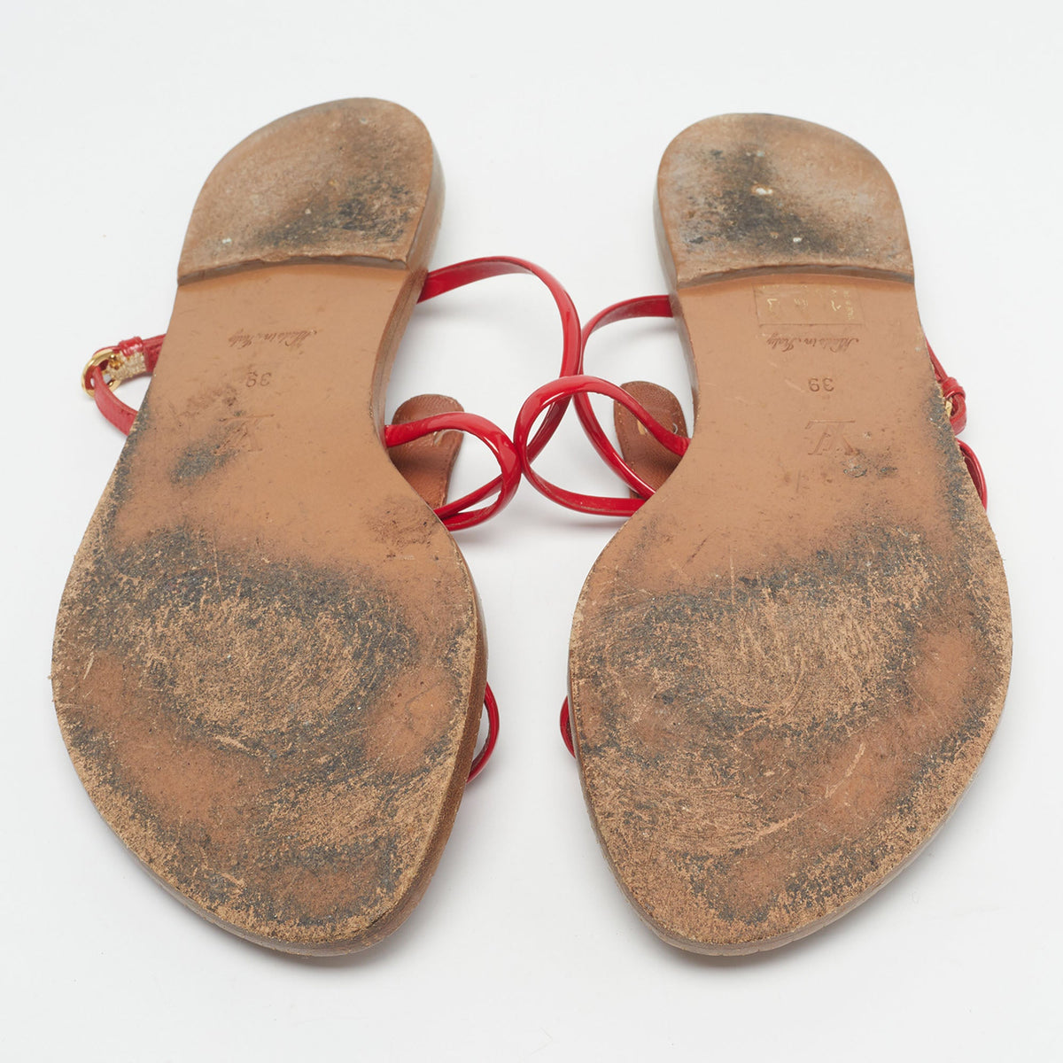 Louis Vuitton Size 39 Brown/Red Monogram Leather and Patent Flat Ankle Strap Thong Sandals