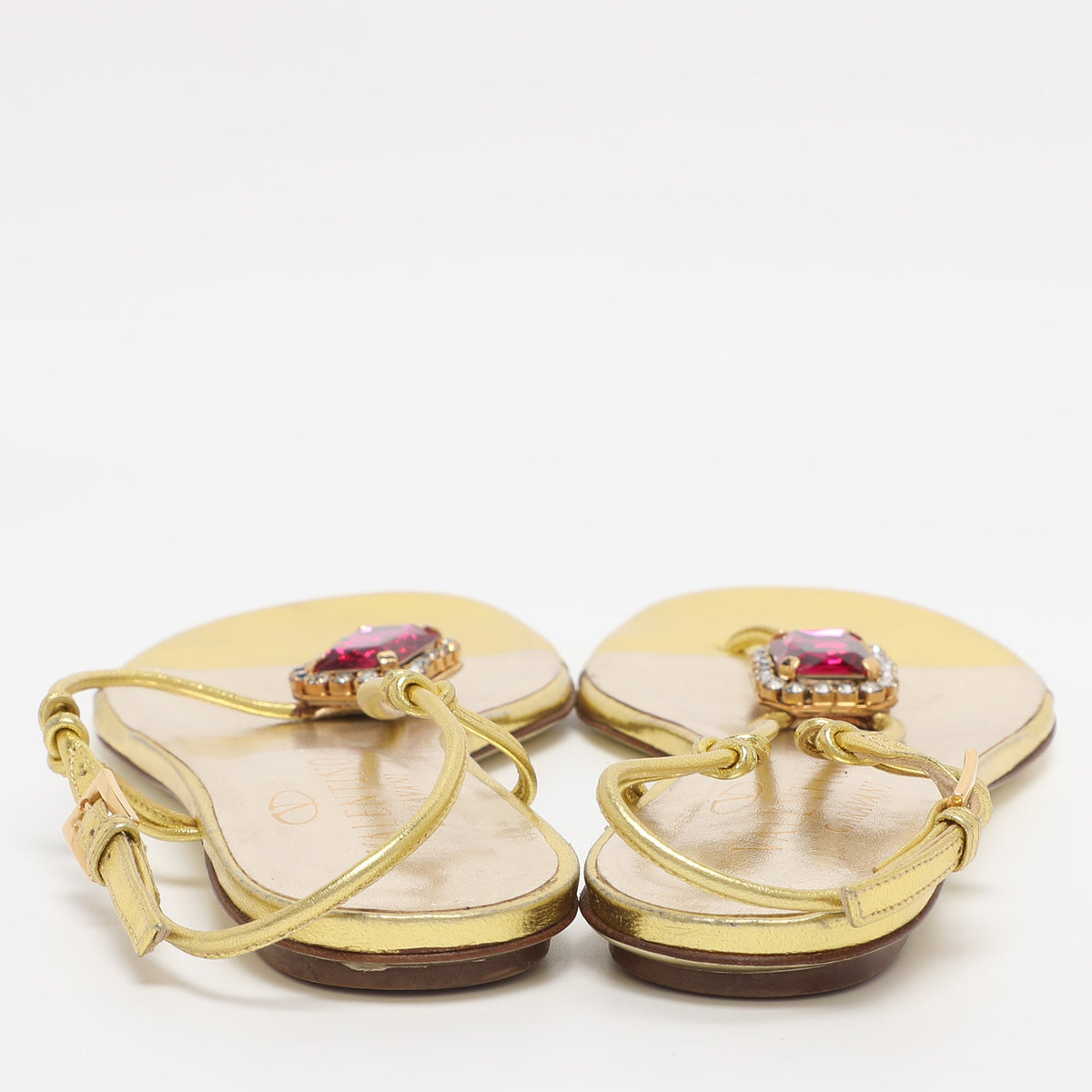 Valentino Metallic Gold Leather Embellished Flat Sandals Size 38