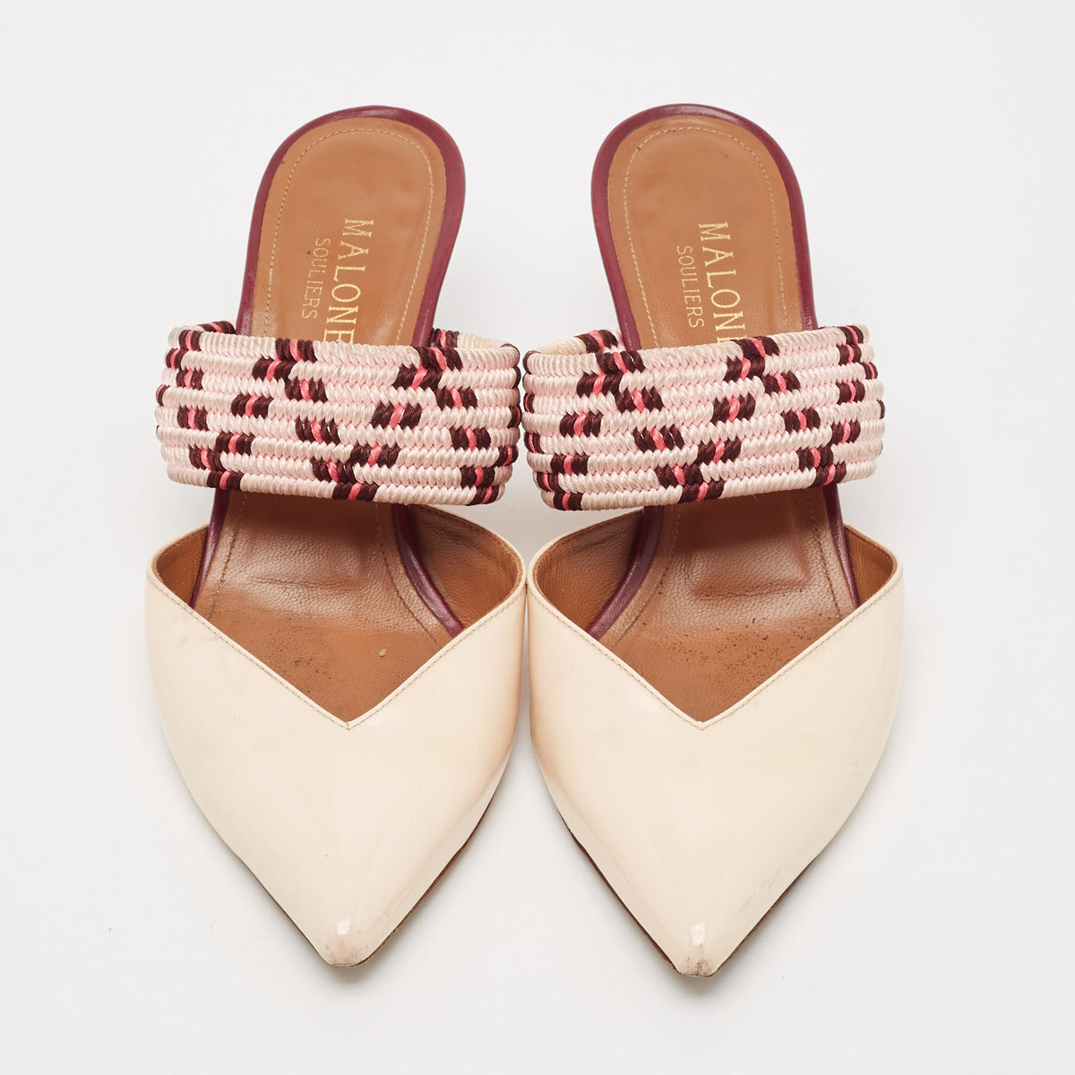 Malone Souliers Cream Leather and Patent Leather Maisie Mules Size 36.5